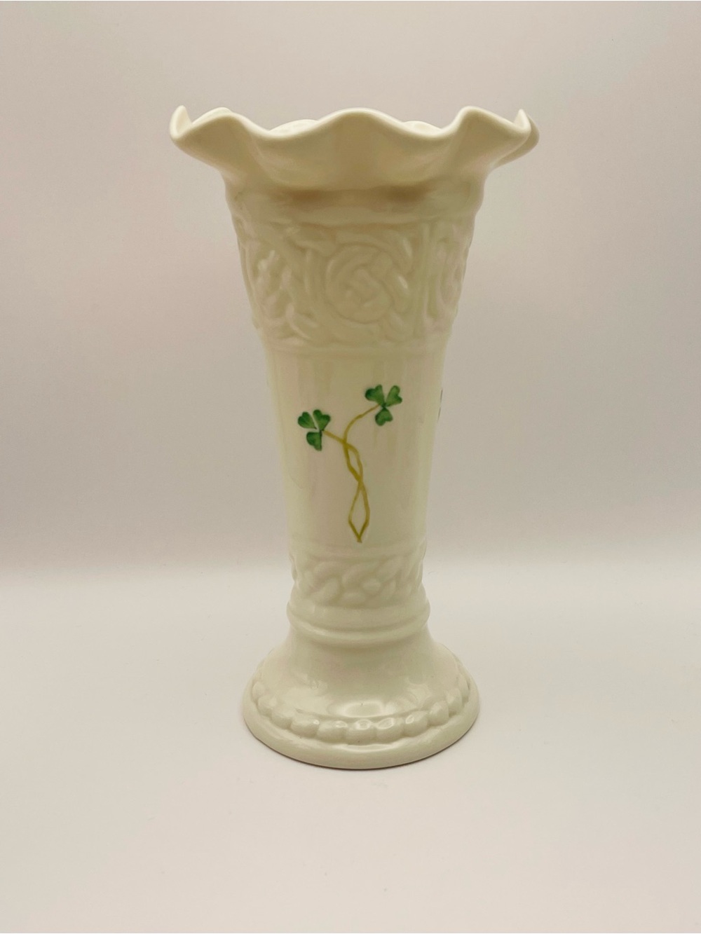 Belleek, Produced 2001 - 2006, Porcelain Vase, Ruffles, Celtic Knots, 8” Tall